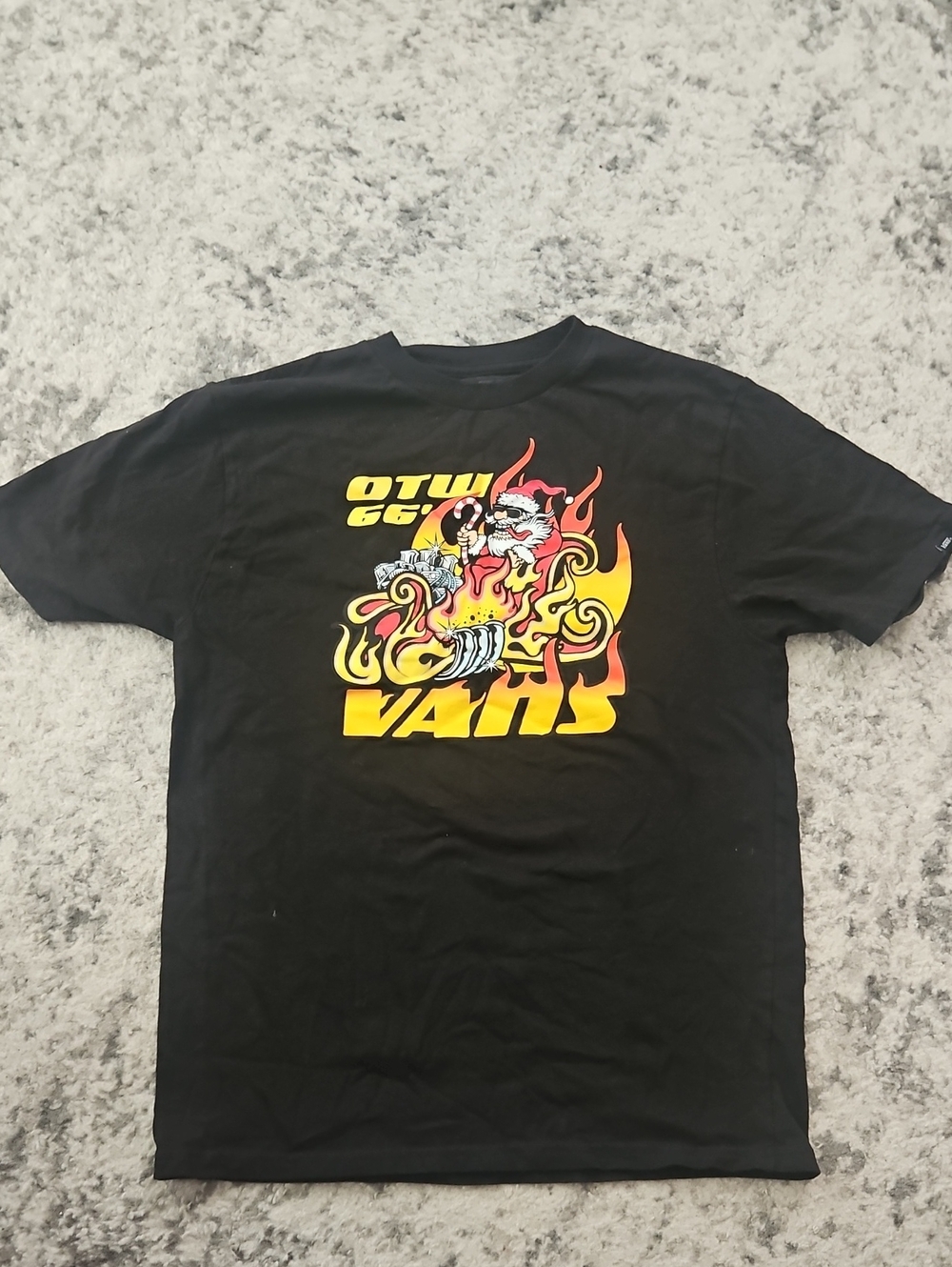 Vans Black Tee with Yellow and Red Flame Skate Graphic